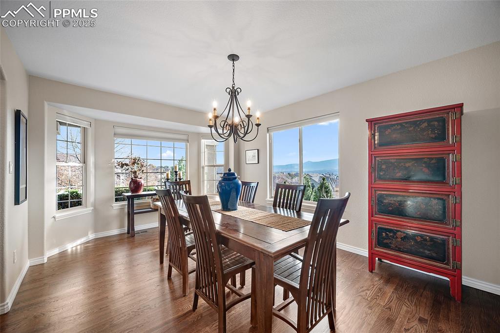 Image 7 of 50: Dining room with dark wood finished floors, healthy amount of natural light