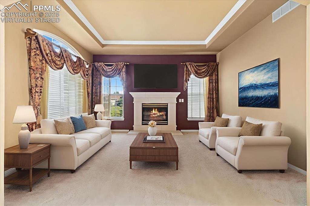 Image 3 of 33: Living area with a tray ceiling, carpet floors, 
and a glass covered 
fir