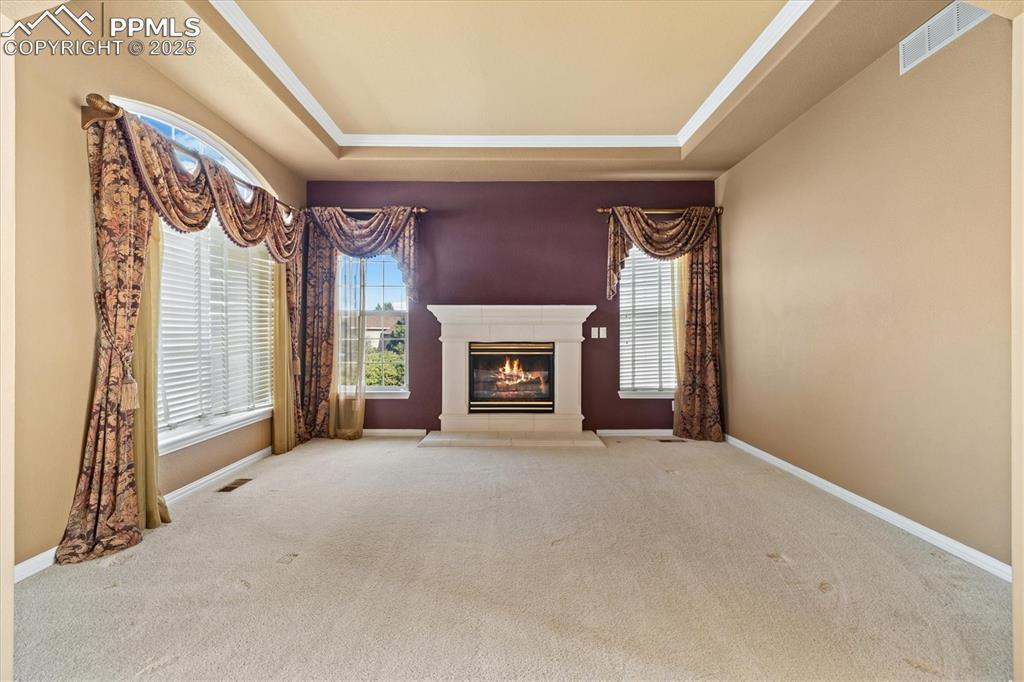 Image 4 of 33: Unfurnished living room featuring a raised ceiling, carpet, healthy amount 