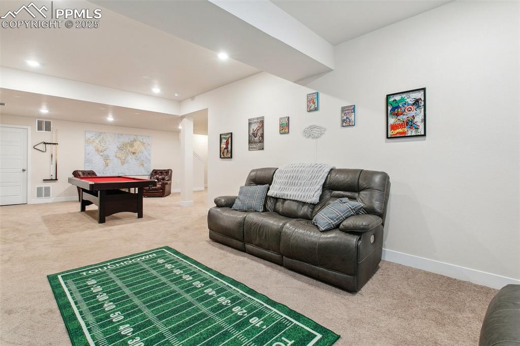 Image 29 of 41: Rec room featuring recessed lighting, carpet, visible vents, and baseboards