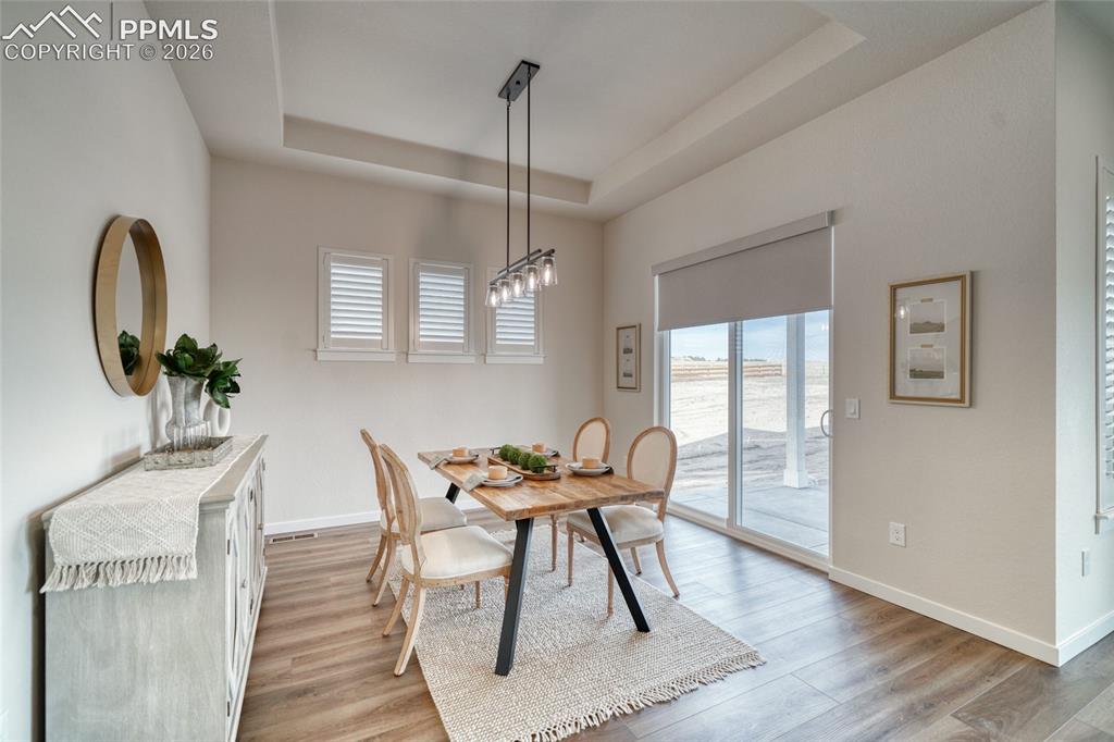 Image 25 of 50: Dining area with healthy amount of natural light, a tray ceiling, and light