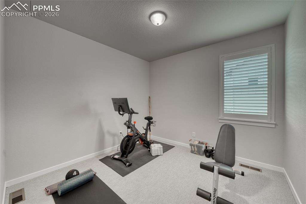 Image 33 of 50: Workout area with carpet and a textured ceiling
