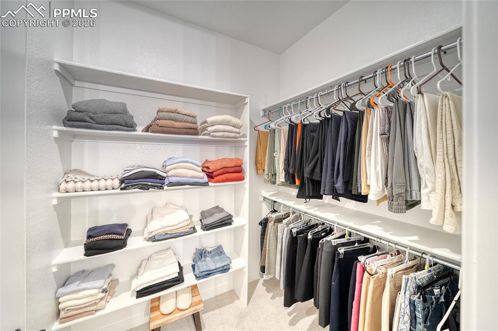 Image 40 of 50: Walk in closet featuring light carpet