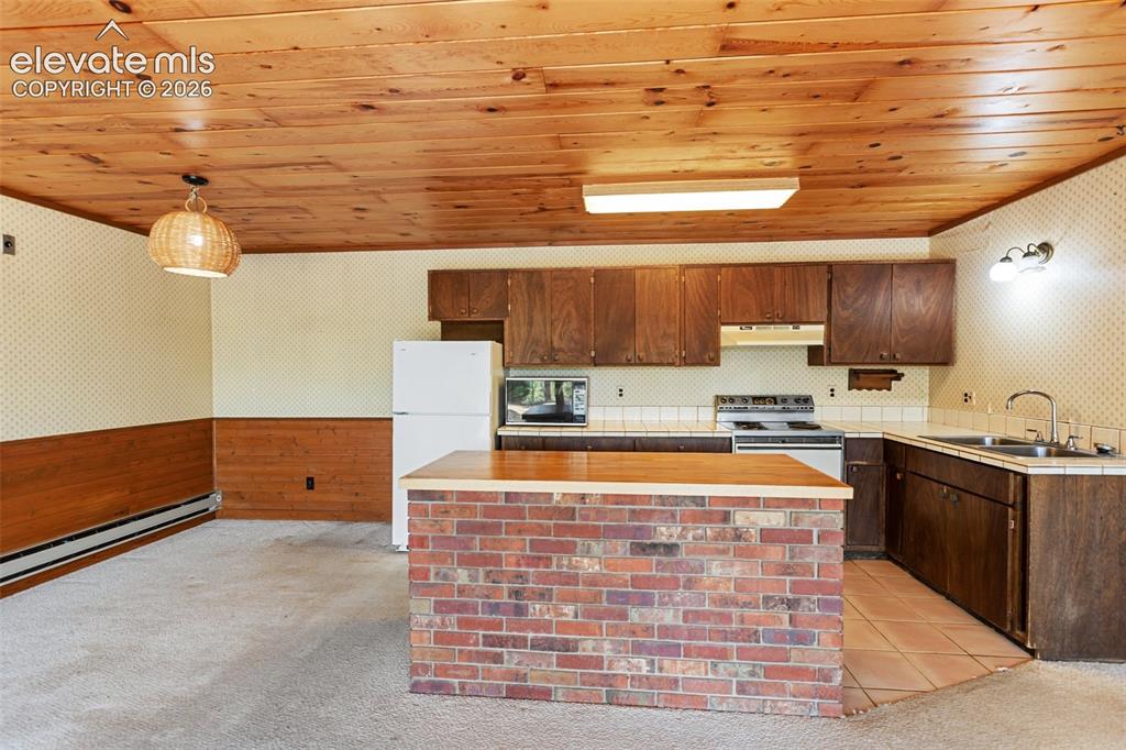 Image 12 of 46: Kitchen with wood paneling ceiling, brick island with wood countertop, buil