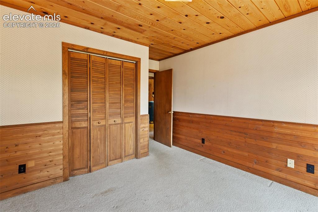 Image 23 of 46: Interior space featuring a wood-panel ceiling, carpet flooring, and wood wa