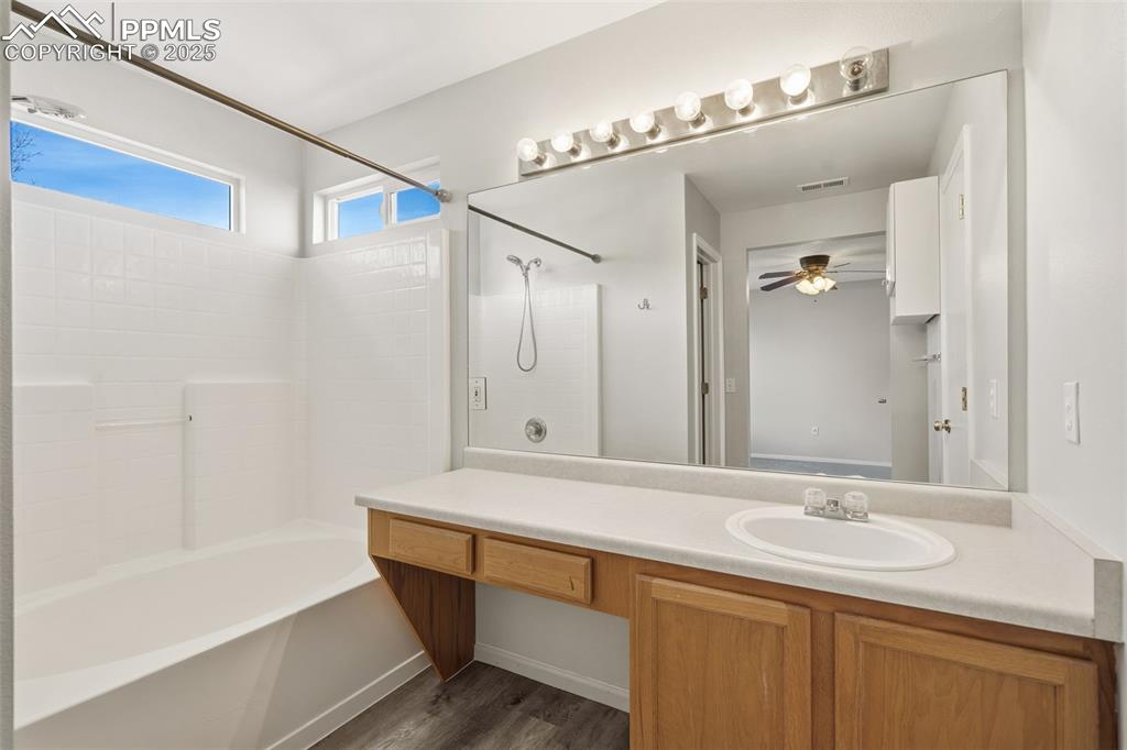 Image 21 of 25: Primary bathroom vanity and large soaking tub and shower