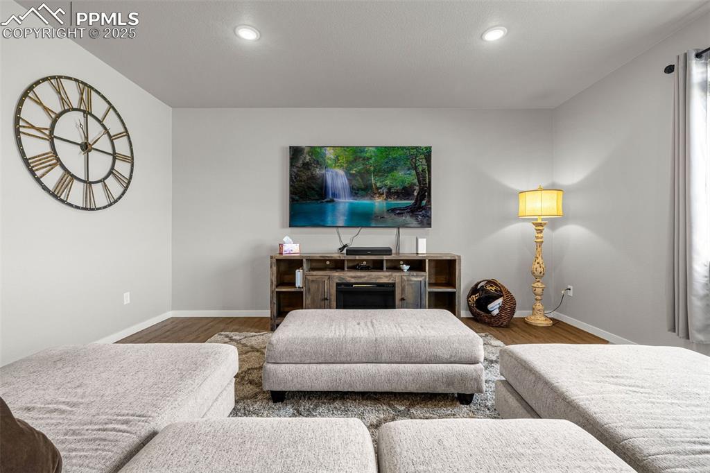 Image 7 of 33: Living area featuring wood finished floors, recessed lighting, and a firepl