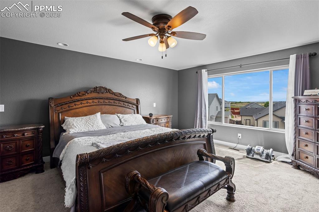Image 40 of 45: Main Bedroom with carpet flooring and a ceiling fan
