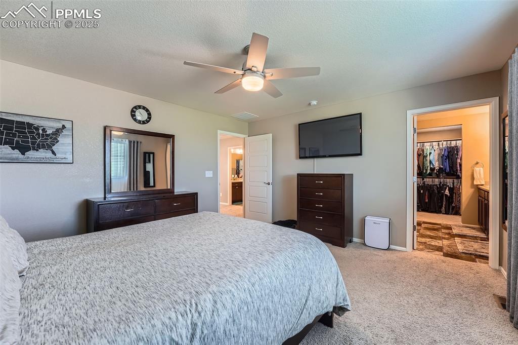 Image 19 of 32: Primary Bedroom with light colored carpet, a ceiling fan, and a spacious cl