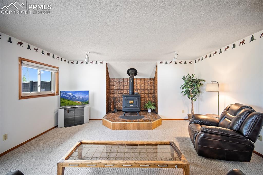 Image 10 of 40: Carpeted living area with a wood stove and a textured ceiling