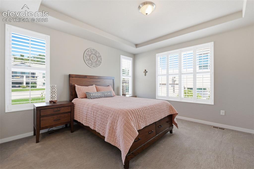 Image 17 of 43: Tray ceiling, neutral wall tones, plantation shutters, recessed lighting, a