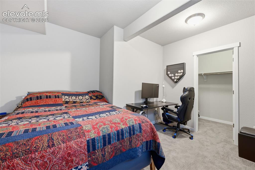 Image 31 of 43: Carpeted flooring, recessed lighting, and a walk-in closet with shelving.