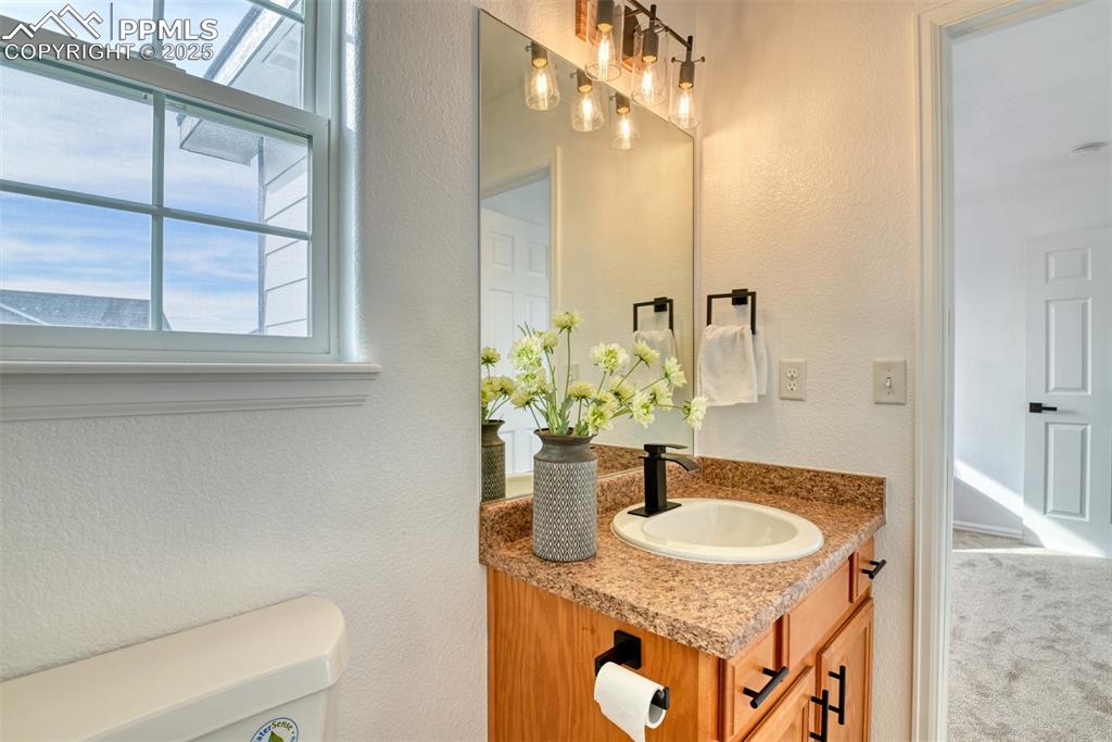Image 31 of 45: Bathroom featuring a textured wall, vanity, and carpet