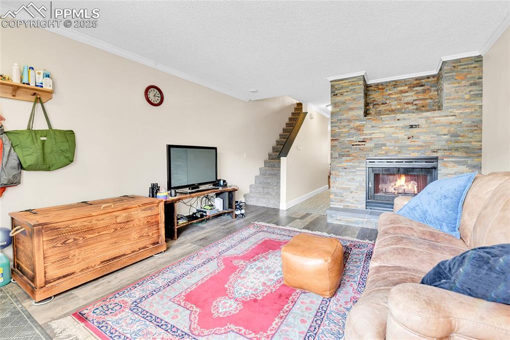 Image 4 of 30: Living room featuring a gas fireplace