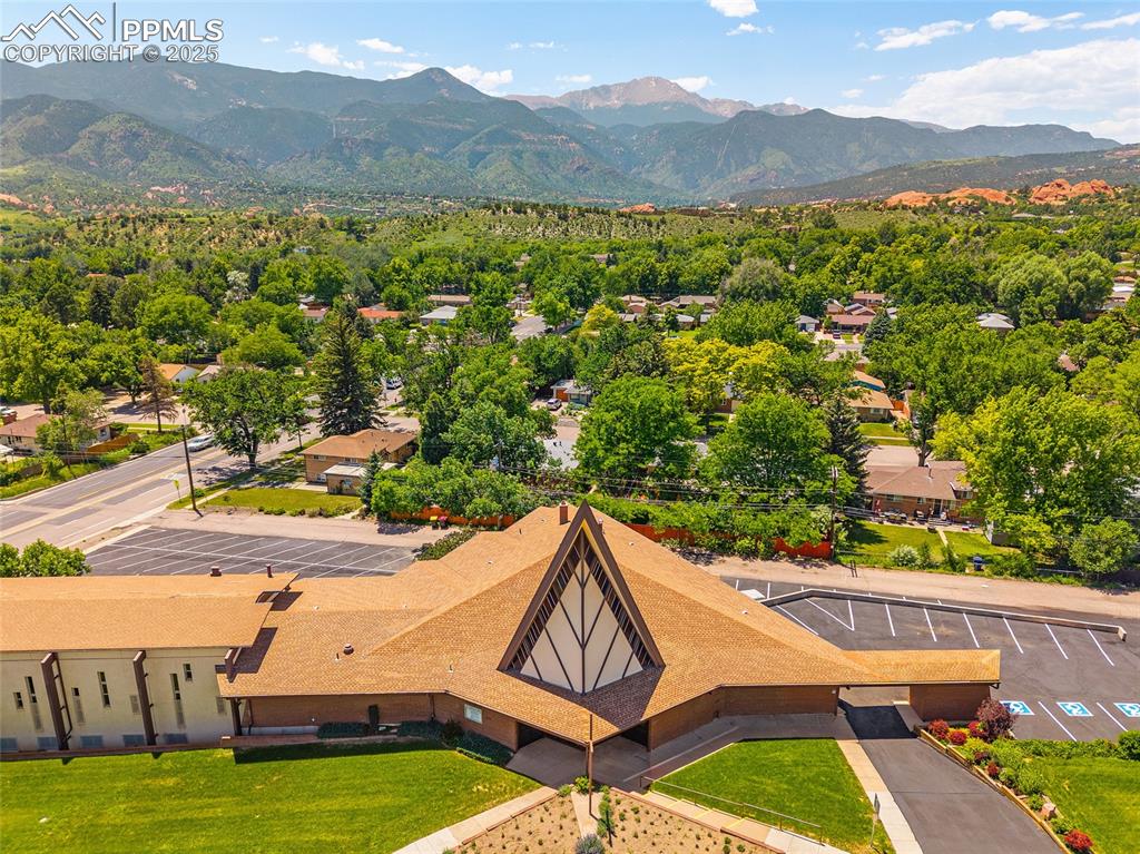 Caption: Aerial view with Garden of the Gods in the distance