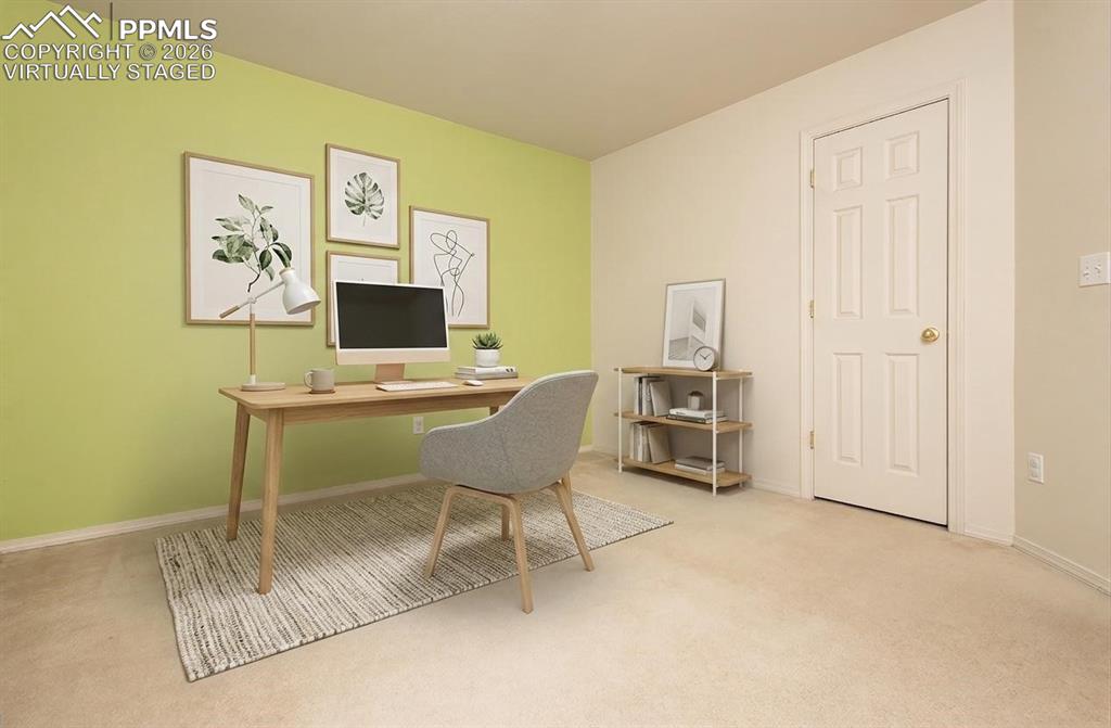 Image 16 of 35: Virtually Staged Accent wall with vibrant green paint