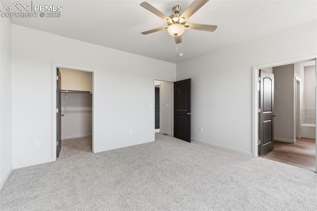 Image 14 of 24: Unfurnished bedroom featuring a walk in closet, light colored carpet, conne