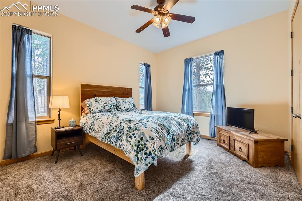 Image 27 of 50: Carpeted bedroom with multiple windows, a ceiling fan, and baseboards