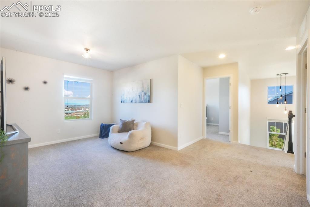 Image 22 of 50: Living area with carpet, healthy amount of natural light, and recessed ligh