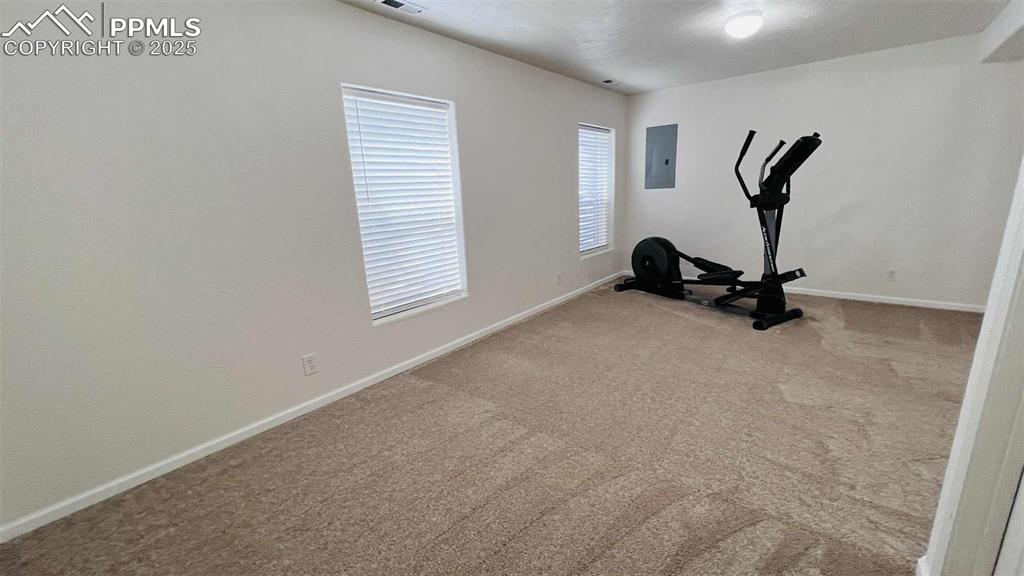 Image 24 of 35: Exercise room with carpet and electric panel