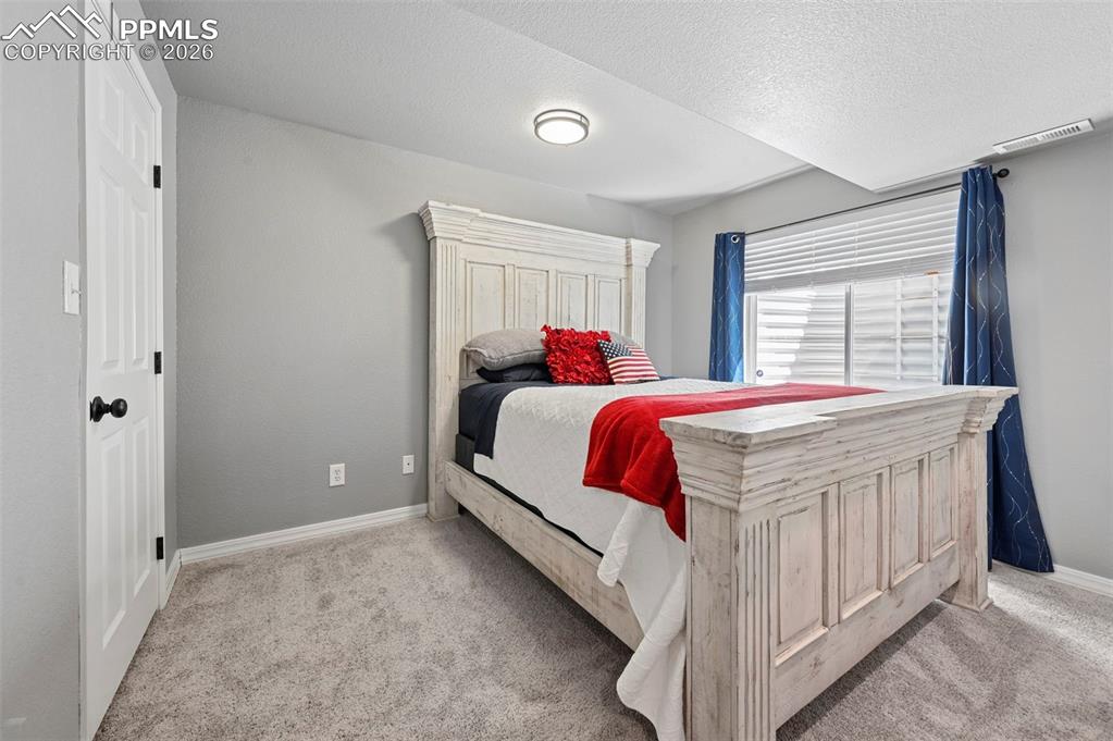 Image 23 of 45: This room features carpeted flooring, light grey walls, and a window with b