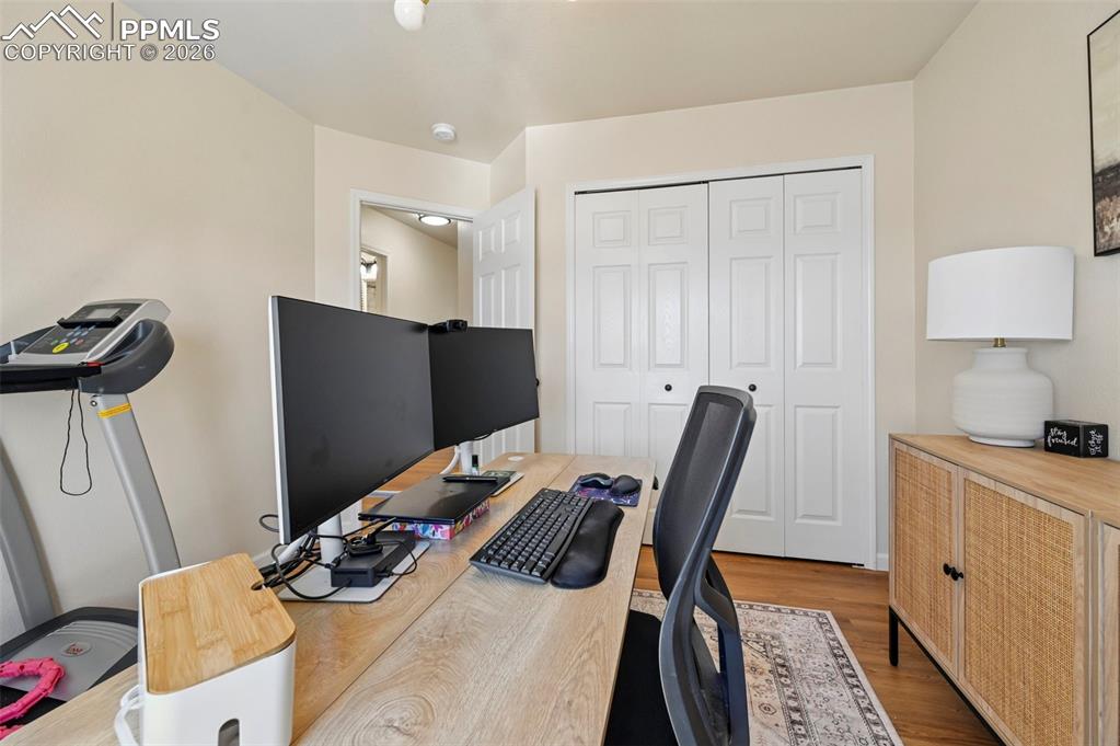 Image 35 of 45: This versatile room features light-colored walls, and a large closet with b