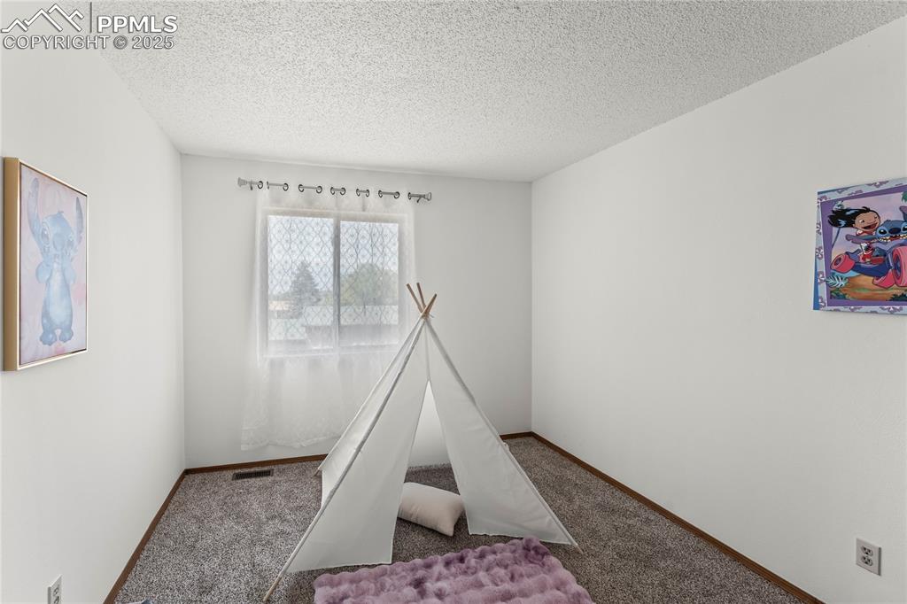 Image 17 of 25: Playroom featuring carpet and a textured ceiling