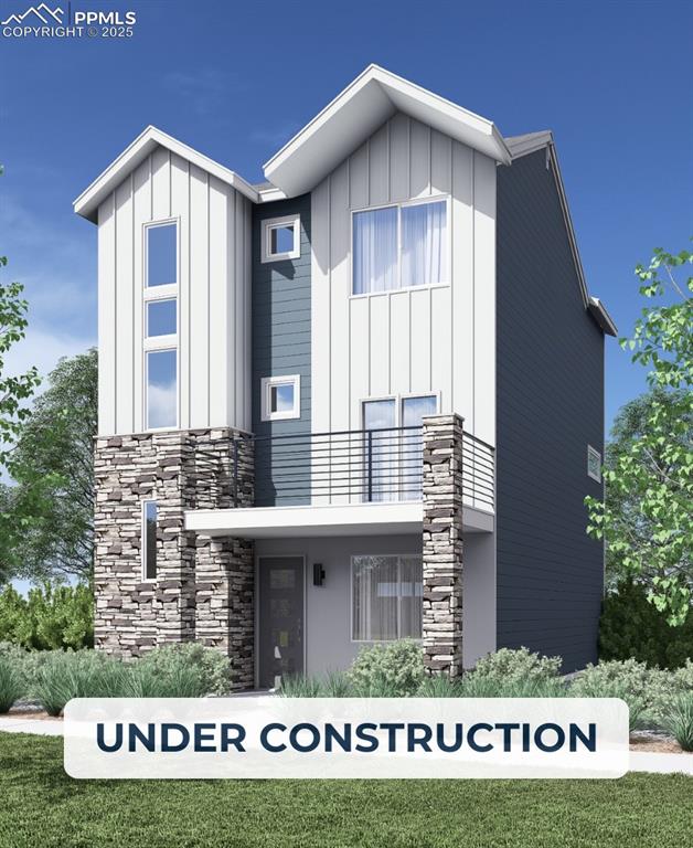 Caption: View of front of property featuring a balcony, stone siding, and board and batten siding