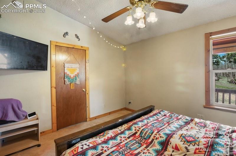 Image 14 of 32: Carpeted bedroom featuring vaulted ceiling, a textured ceiling, and a ceili