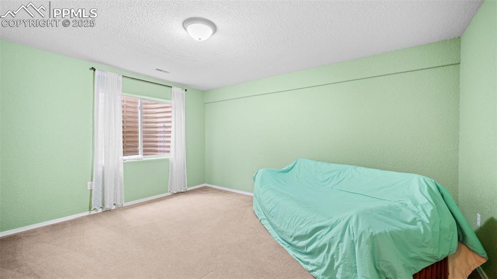 Image 31 of 42: Carpeted bedroom with a textured ceiling and a textured wall