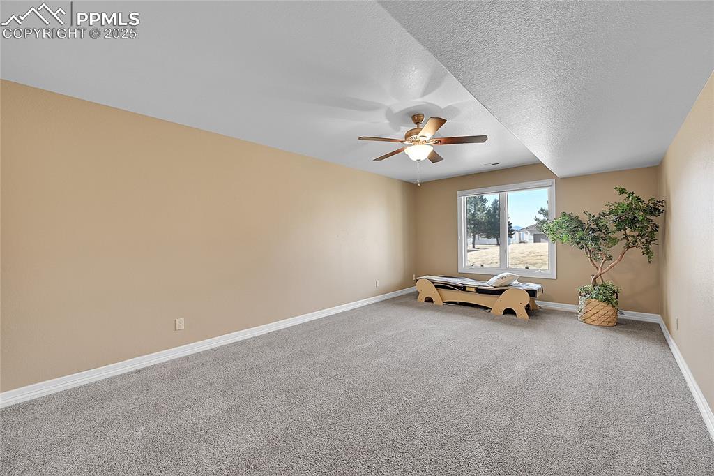 Image 39 of 50: Unfurnished room featuring baseboards, carpet, ceiling fan, and a textured