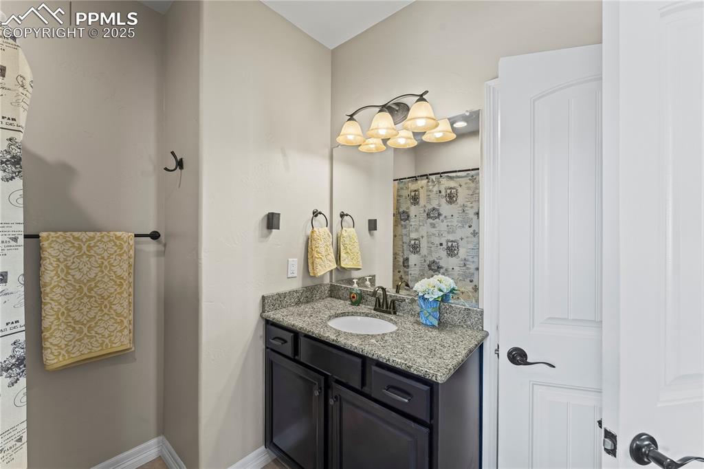Image 12 of 48: Main Level Bathroom with vanity and curtained shower