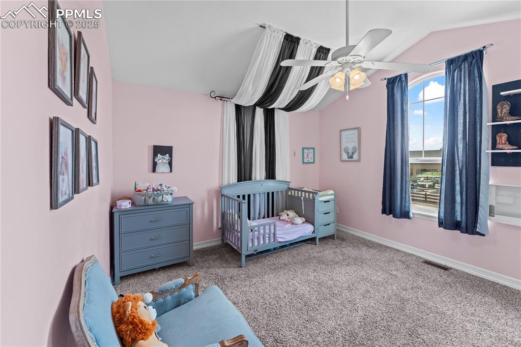 Image 28 of 48: Upstairs Carpeted bedroom with a nursery area, vaulted ceiling, and a ceili
