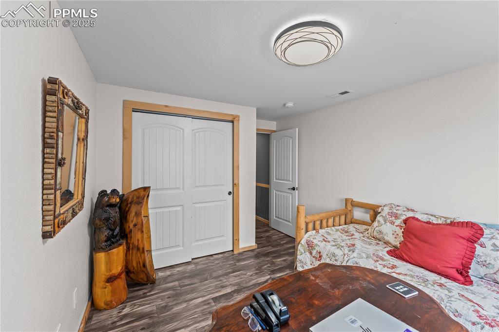 Image 36 of 48: Basement Bedroom with dark wood finished floors and a closet