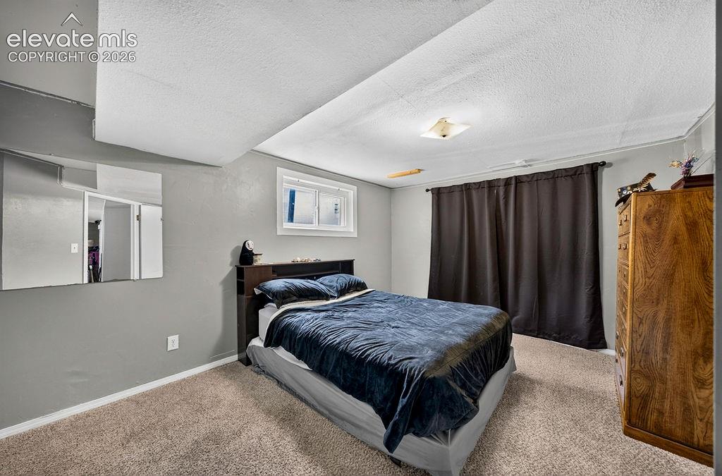 Image 33 of 44: Carpeted room featuring a white-framed window, textured ceilings, and a flu