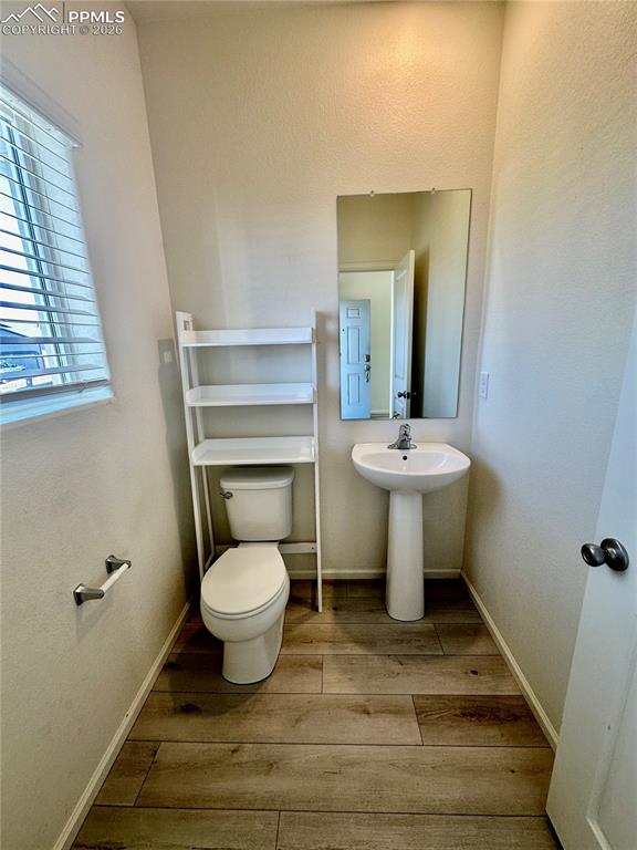 Image 8 of 17: Bathroom with hardwood / wood-style floors and a textured wall