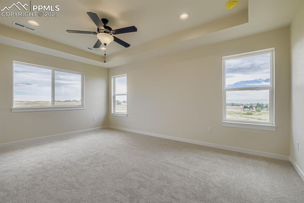 Image 13 of 28: Spare room featuring a raised ceiling, light carpet, a ceiling fan, and rec