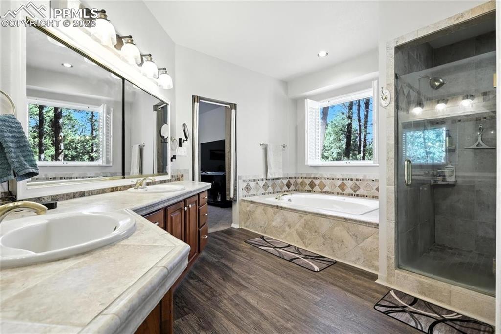 Image 22 of 45: Bathroom with double vanity, plenty of natural light, wood finished floors,