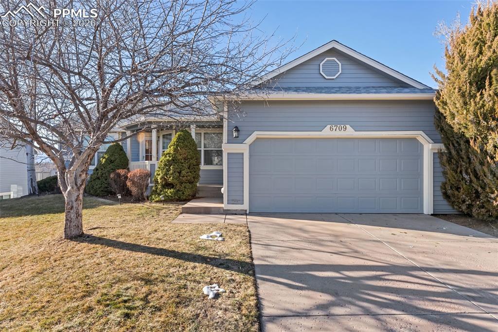 Image 1 of 34: Ranch-style home featuring concrete driveway, a front yard, and an attached