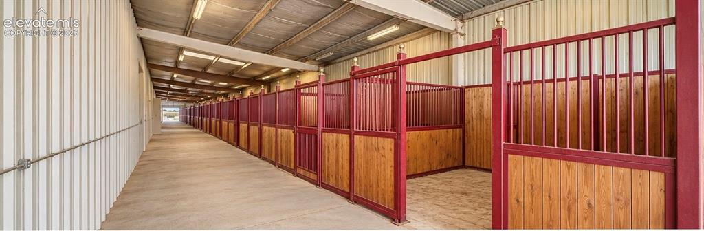 Image 43 of 50: Multiple horse stalls with red-painted metal frames and wood-finish panelin