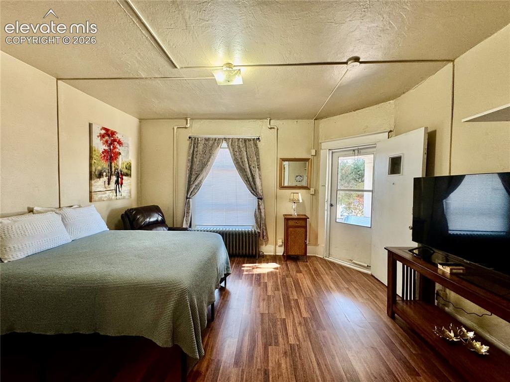 Image 47 of 48: Spacious bedroom featuring wood-finish flooring, a four-poster bed frame, l