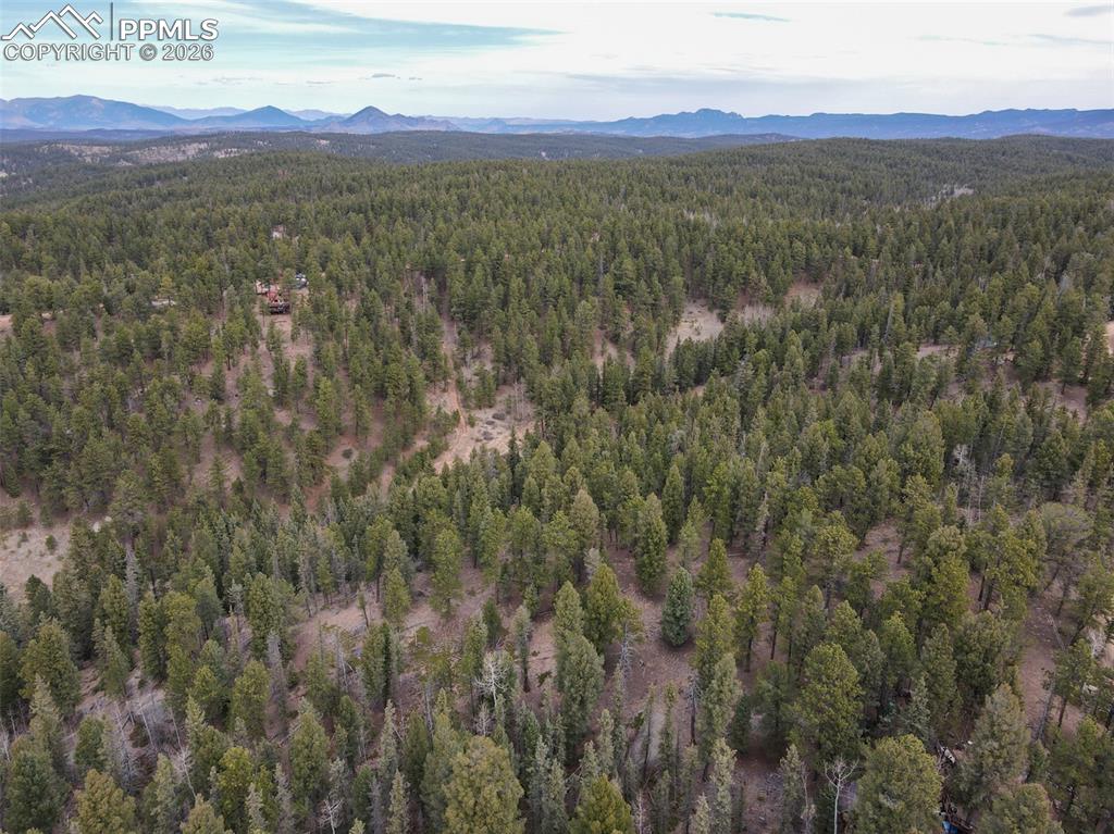Image 41 of 48: Drone / aerial view of mountains and a heavily wooded area