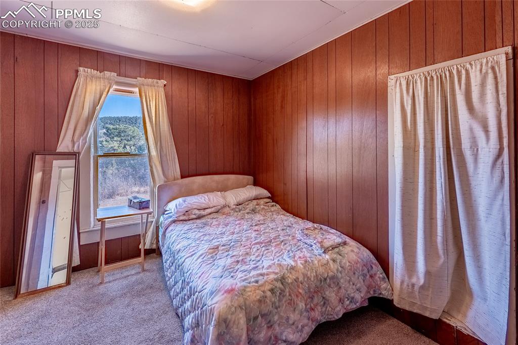 Image 11 of 23: Bedroom featuring carpet floors and wood walls