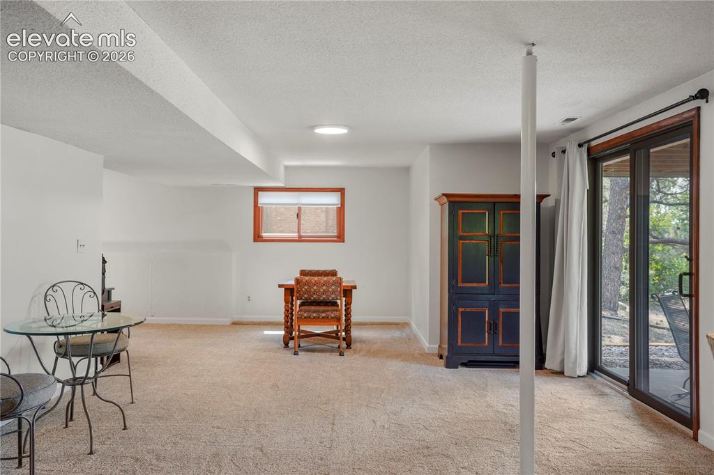 Image 28 of 39: The finished basement offers new carpet and baseboards along with a large f