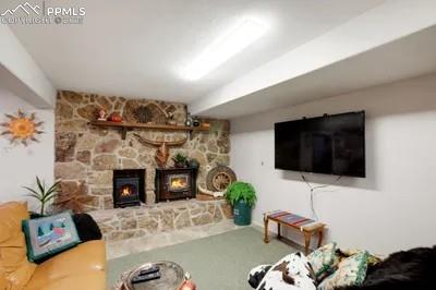 Image 19 of 30: Living room featuring carpet and a wood stove