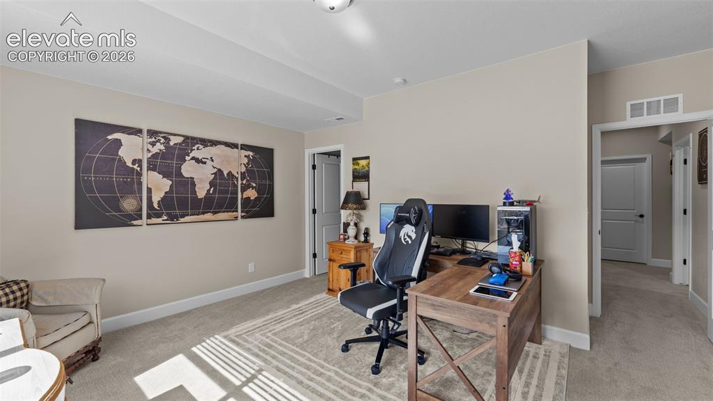Image 31 of 46: Neutral wall paint, plush carpet flooring, recessed lighting, and white tri