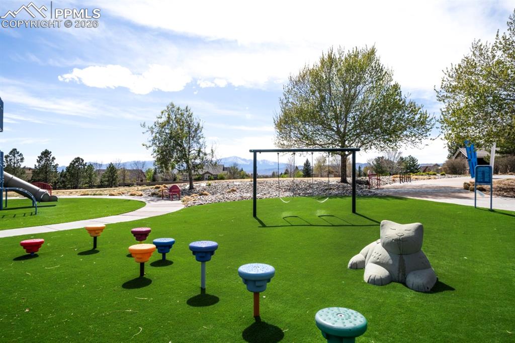Image 47 of 47: Recreational area featuring artificial turf, a swing set, and a slide