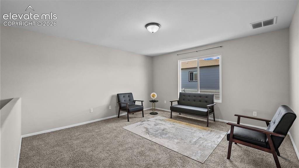 Image 16 of 47: Carpeted room with light neutral wall paint, a single window, and an overhe