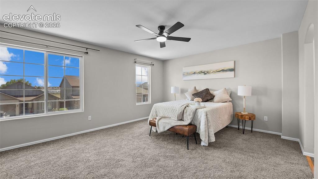 Image 22 of 47: Spacious room featuring neutral carpeting, a ceiling fan, multiple windows,