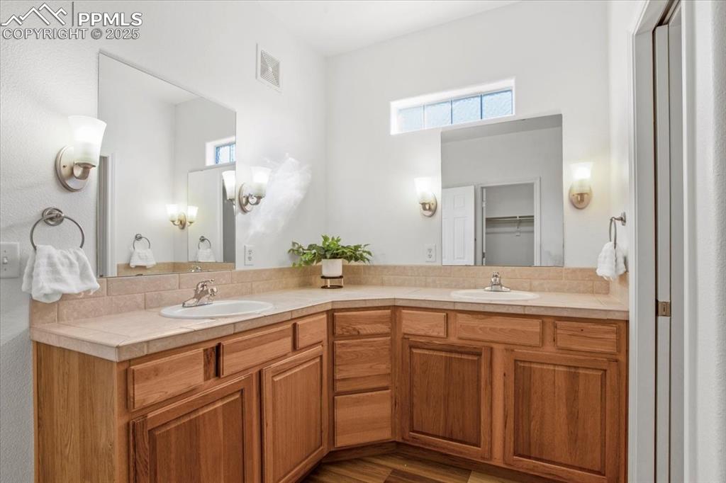 Image 16 of 31: Bathroom with double vanity, a walk in closet, healthy amount of natural li